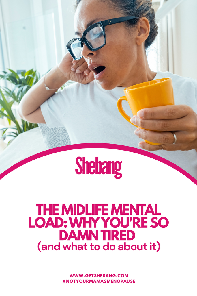 Image of a menopausal woman yawning with a yellow coffee cup in her hands